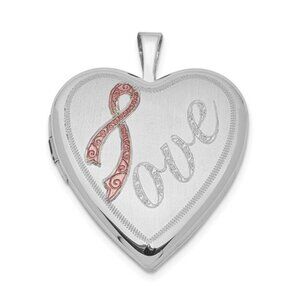 925 Sterling Silver Pink Enamel Ribbon Heart Locket Cancer Awareness Pendant